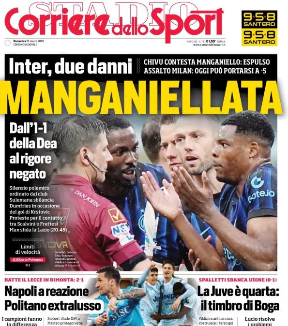 corriere-dello-sport:-“napoli-a-reazione,-politano-extralusso”.-e-sull’inter:-“manganiellata”